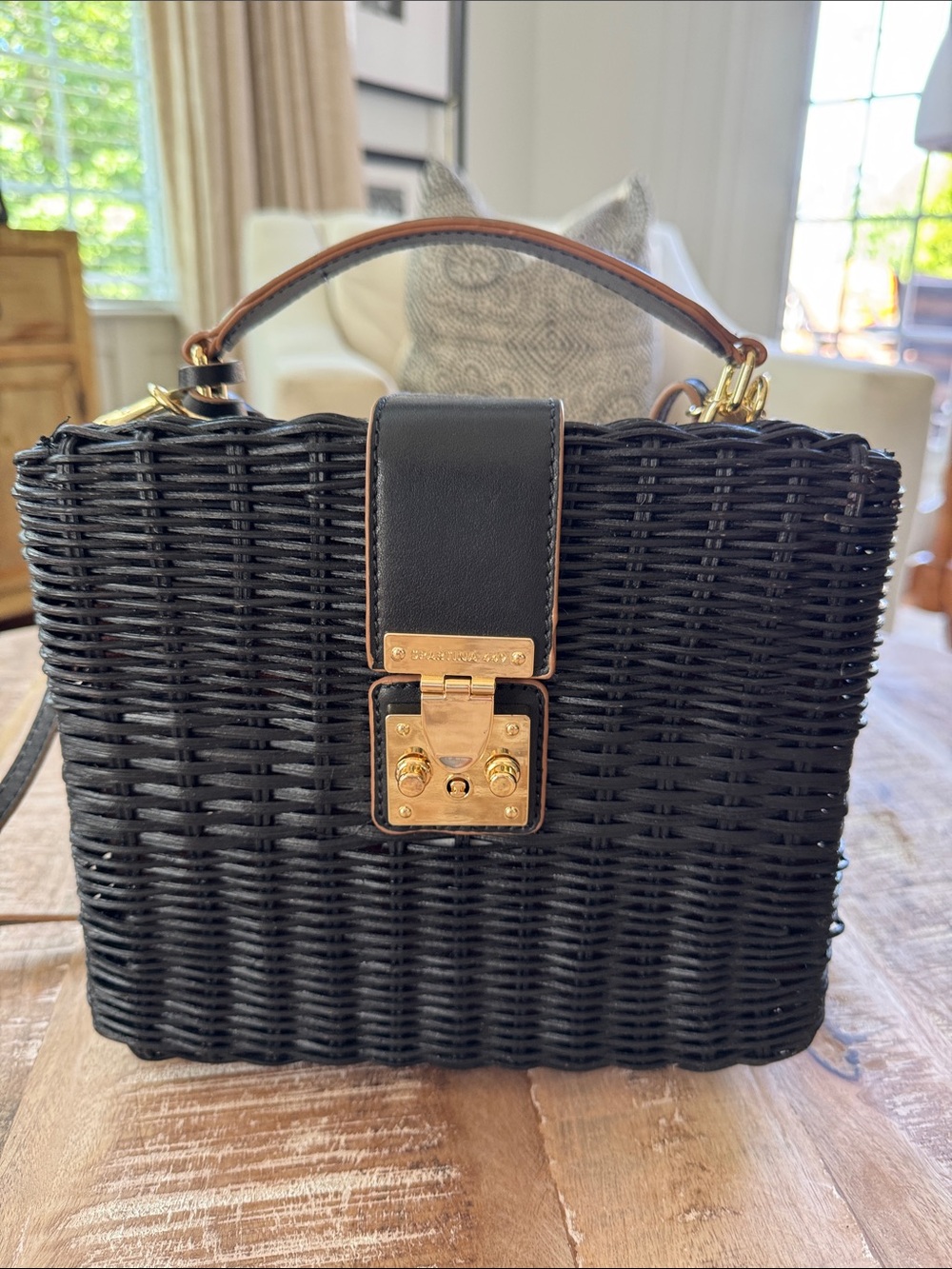 Spartina 449 Rattan Box Bag Black Crossbody Top Handle - Picture 2 of 14